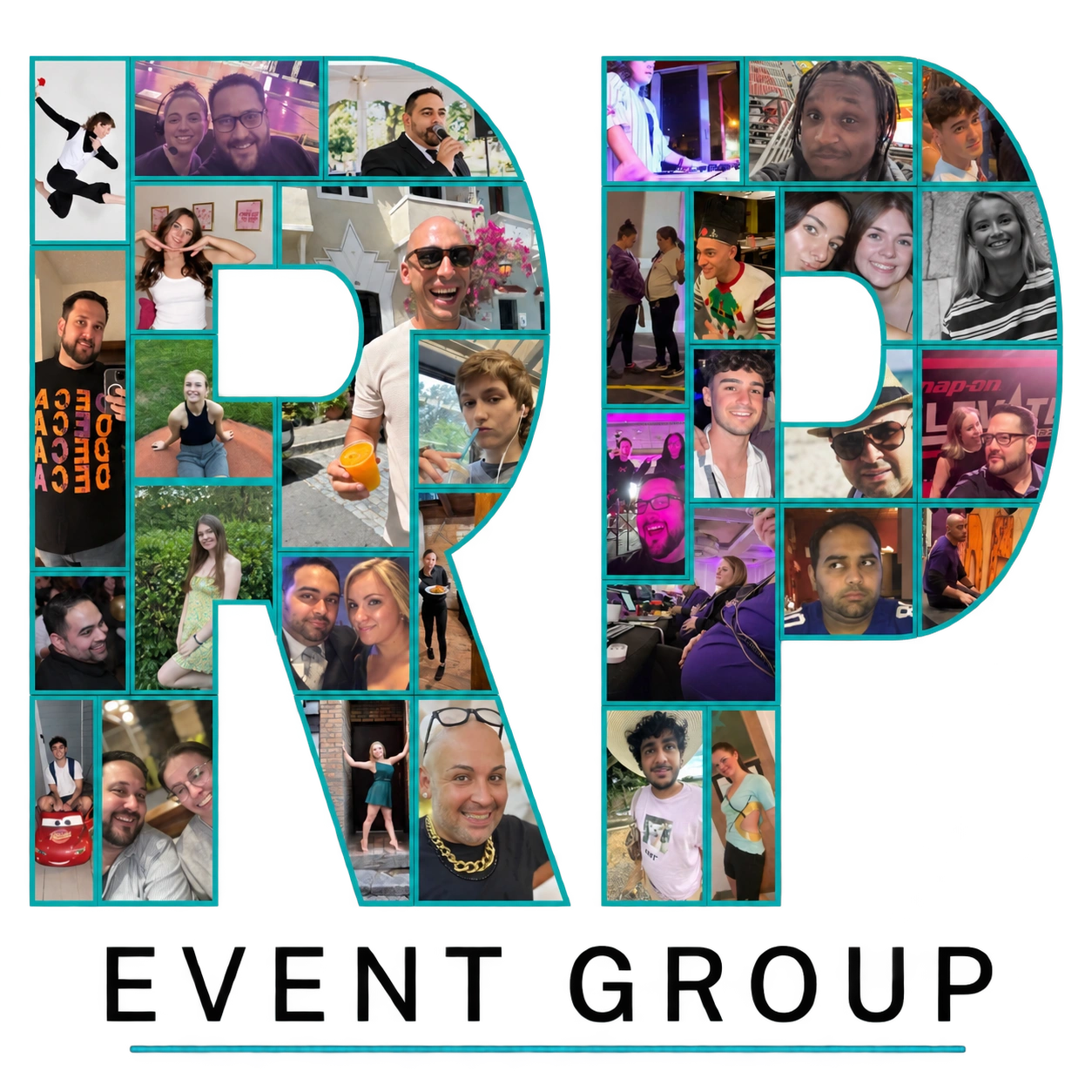 RP Event Group team photo mosaic in the RP letters