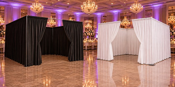 Black and white photo suite set up at a wedding reception