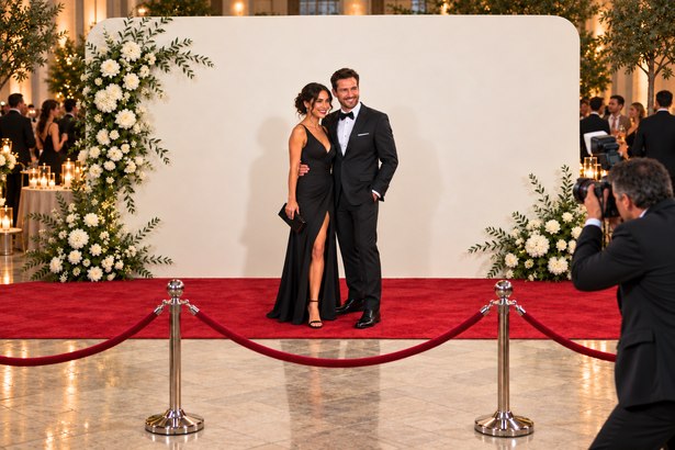 Guests posing on a red carpet as a photographer takes their picture