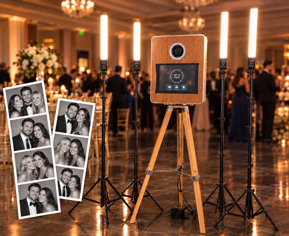 Retro booth in a warmly lit wedding reception
