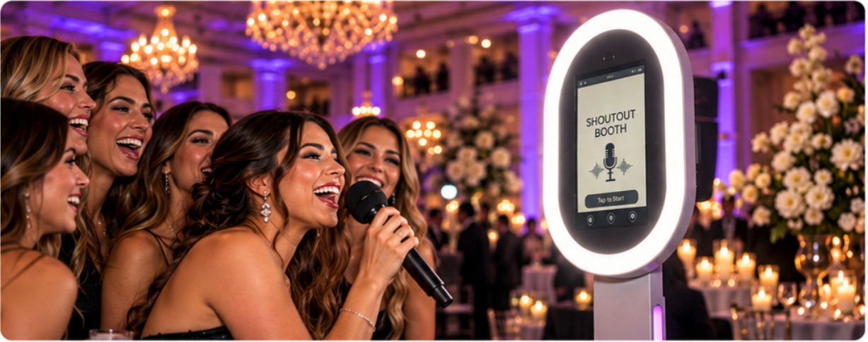 Guests recording a message with a microphone at the Shoutout Booth