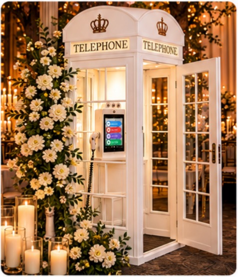 Custom phone booth enclosure at a wedding