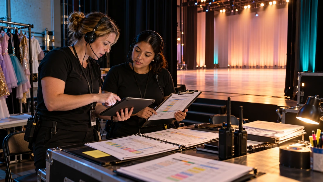 Event coordinators reviewing schedules and planning backstage