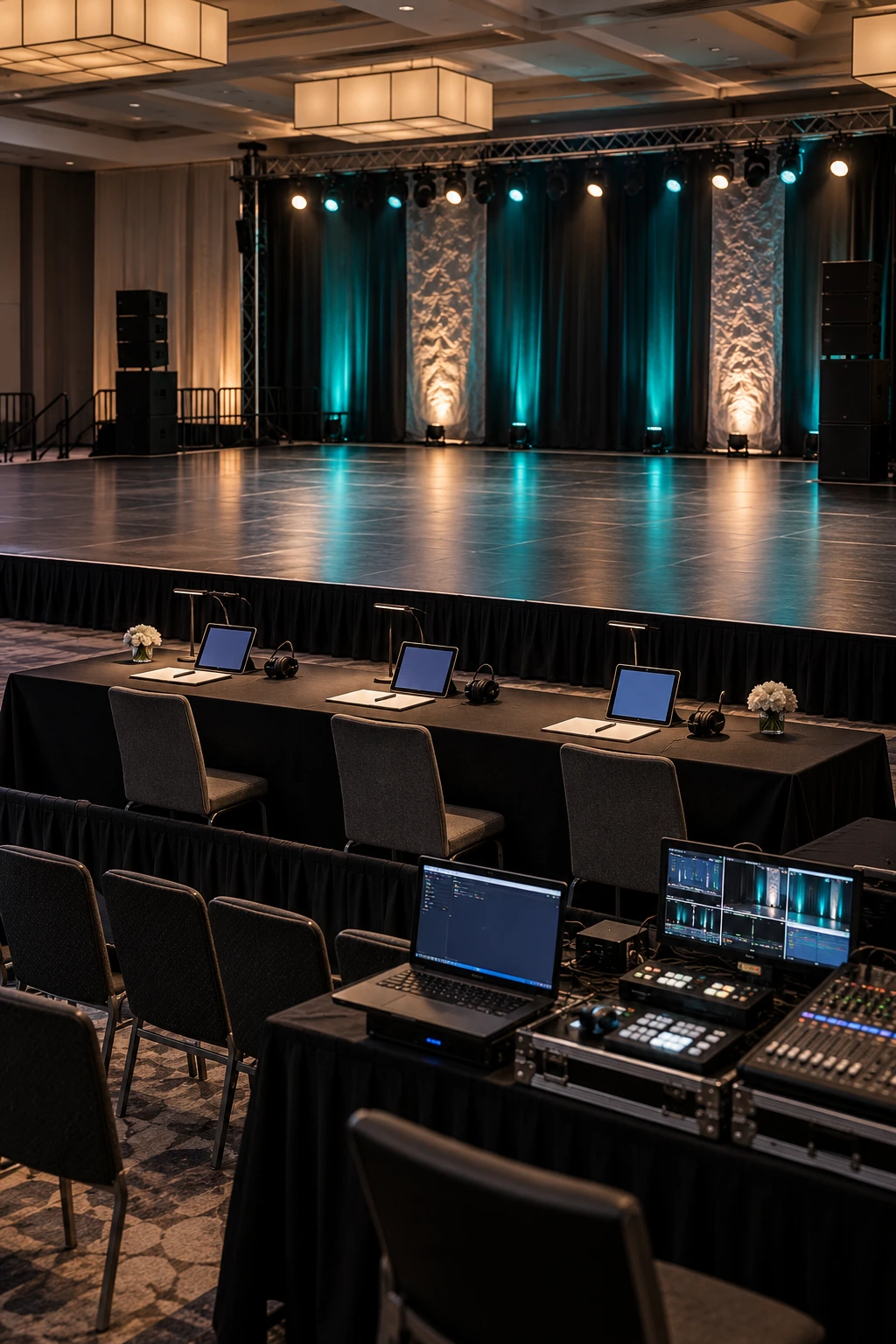 Dance competition stage with lighting, sound, judges equipment and technical control tables