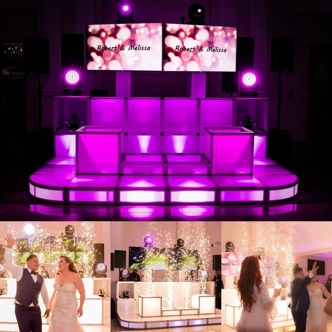 Four-photo wedding event collage with event production and dance moments