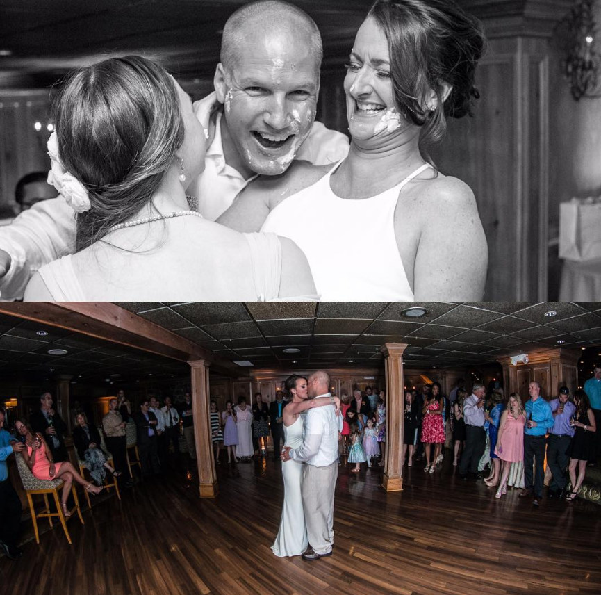Family celebration and reception moments shown on event screens