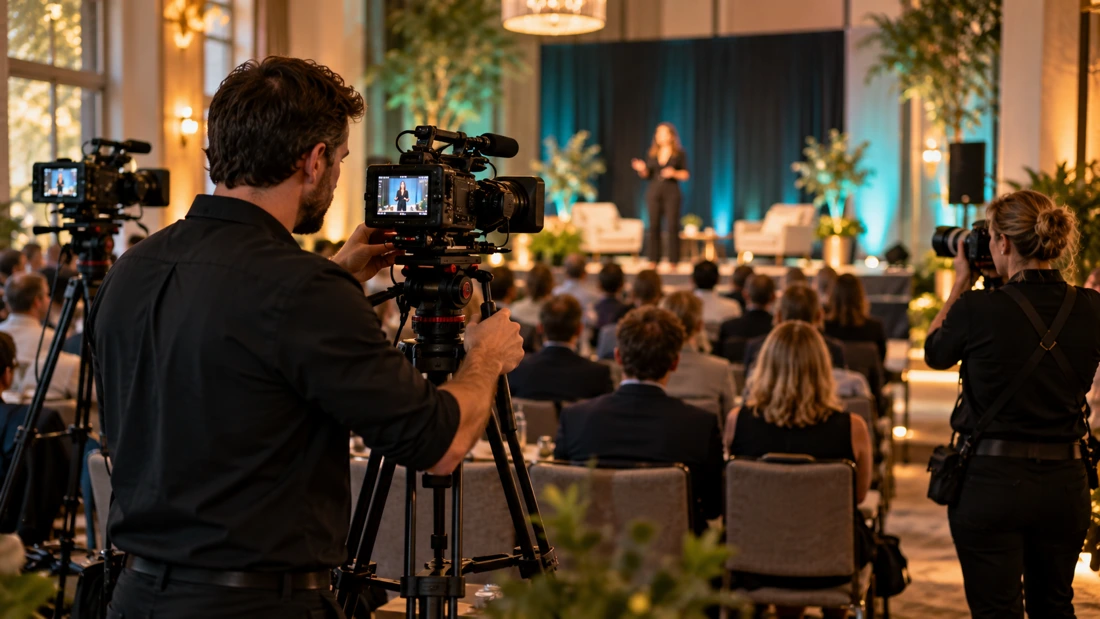 Multiple camera operators and a photographer covering a live event