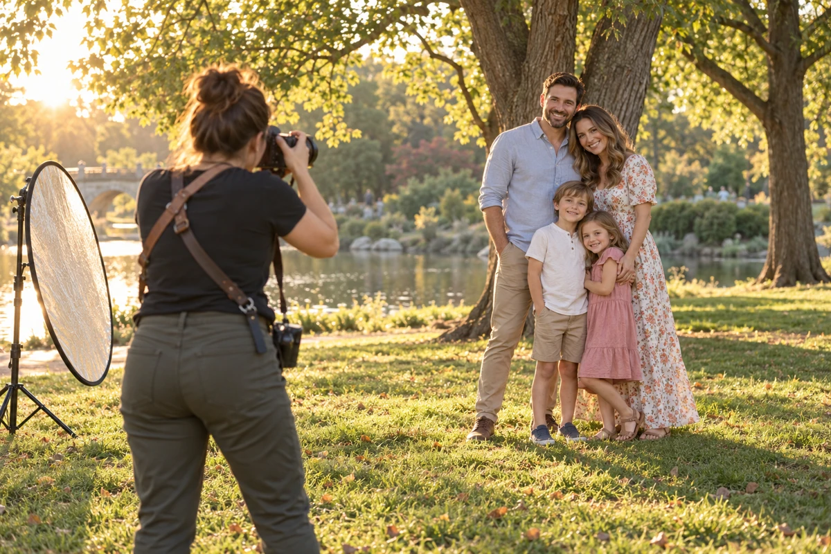 Behind the scenes of a family portrait session in a park