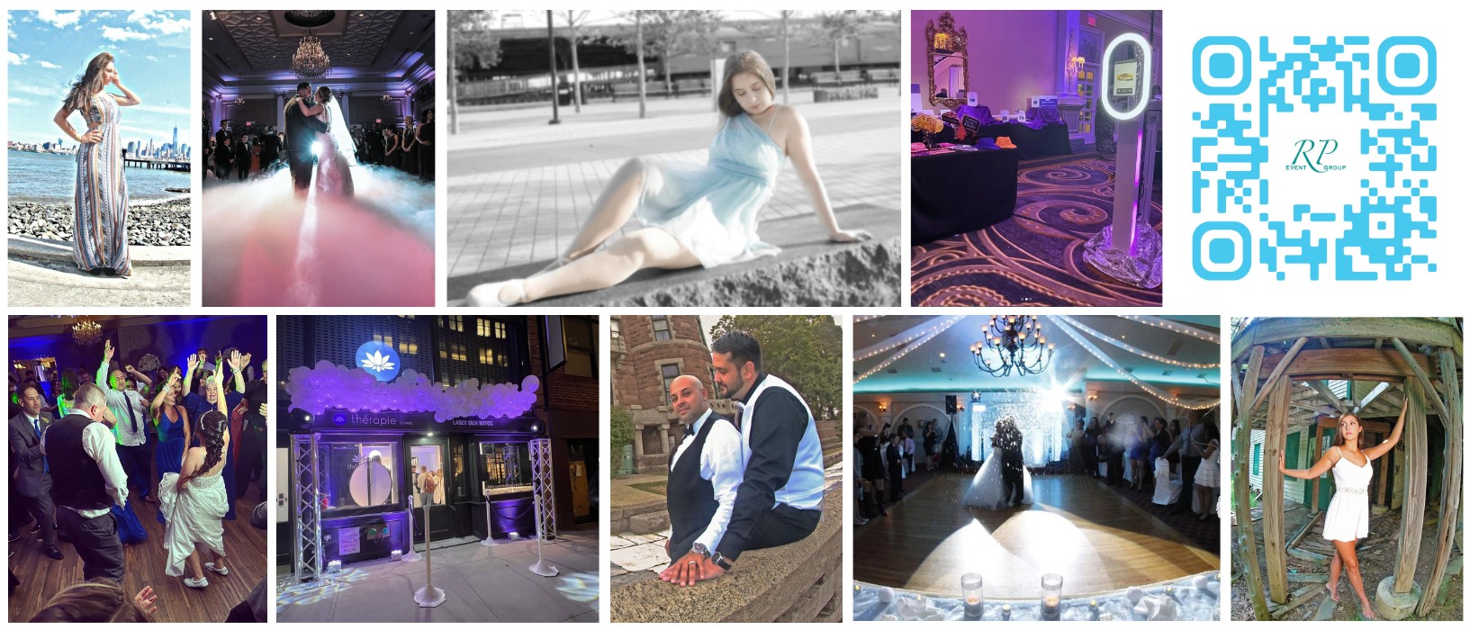 RP Event Group collage featuring wedding celebrations, photo booth experiences, event photography, and dance floor moments