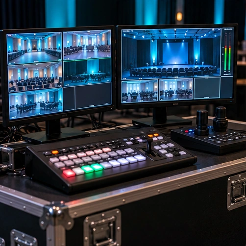 Video switching and production monitors at a control table