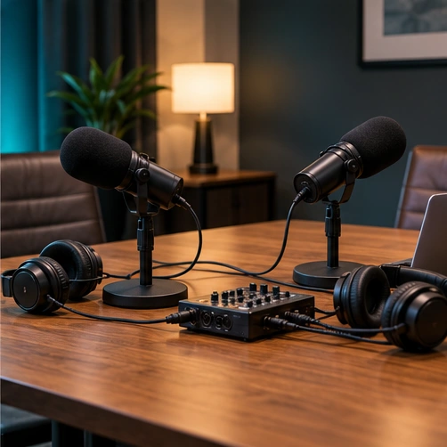 Portable podcast microphones, headphones and recording equipment