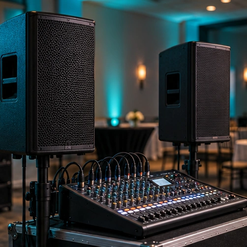 Compact PA speakers and sound production setup