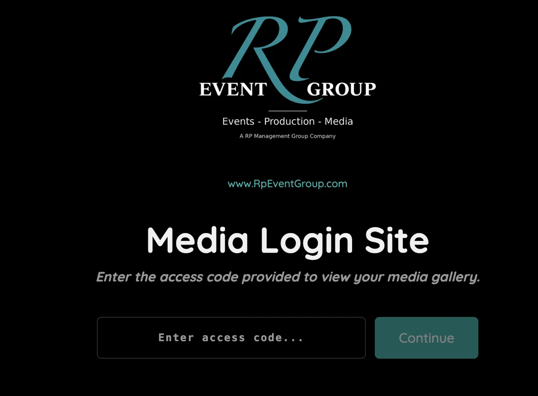 RP Event Group media portal access-code login screen